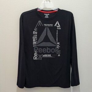 REEBOK LOGO T-SHIRT, Sz L, BLACK, LONG SLEEVE